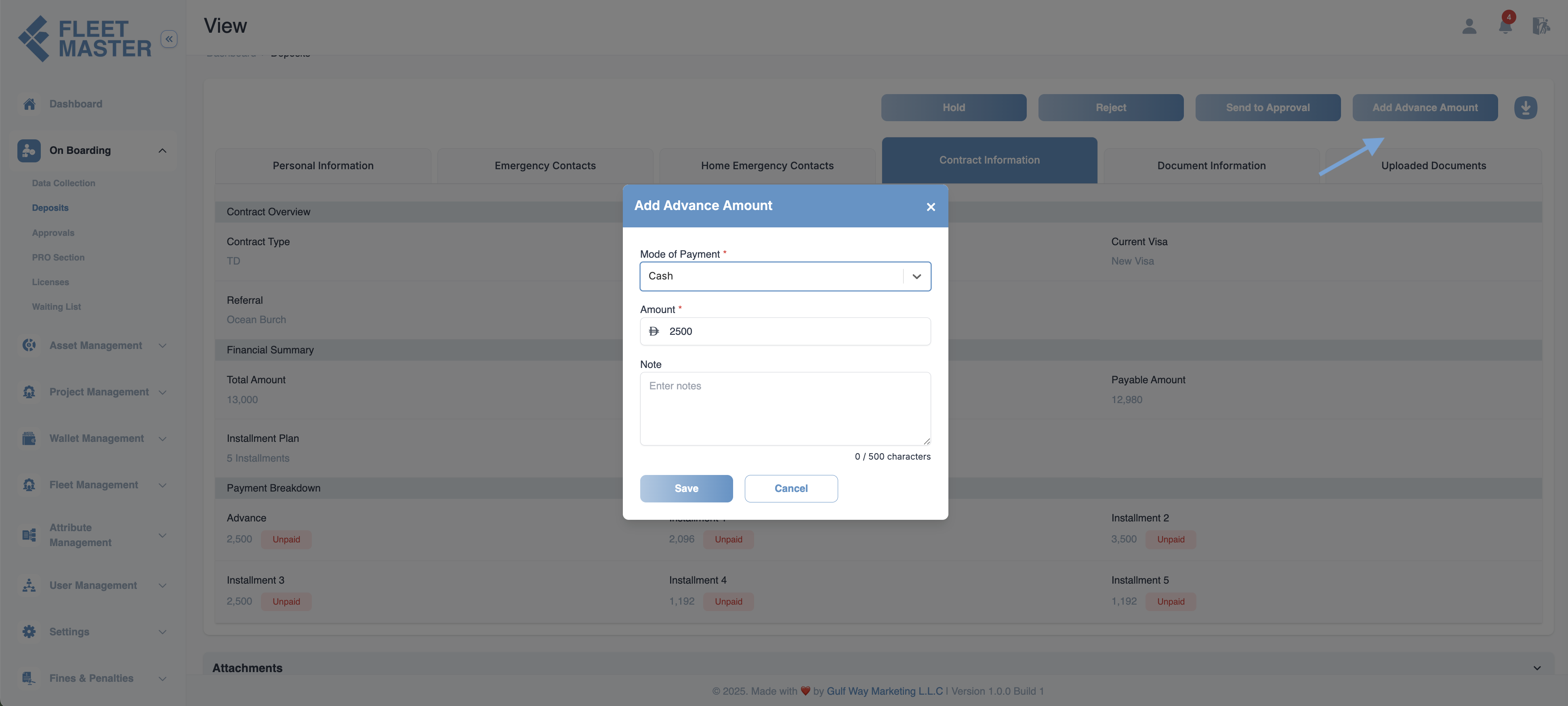 Advance Payment Screenshot