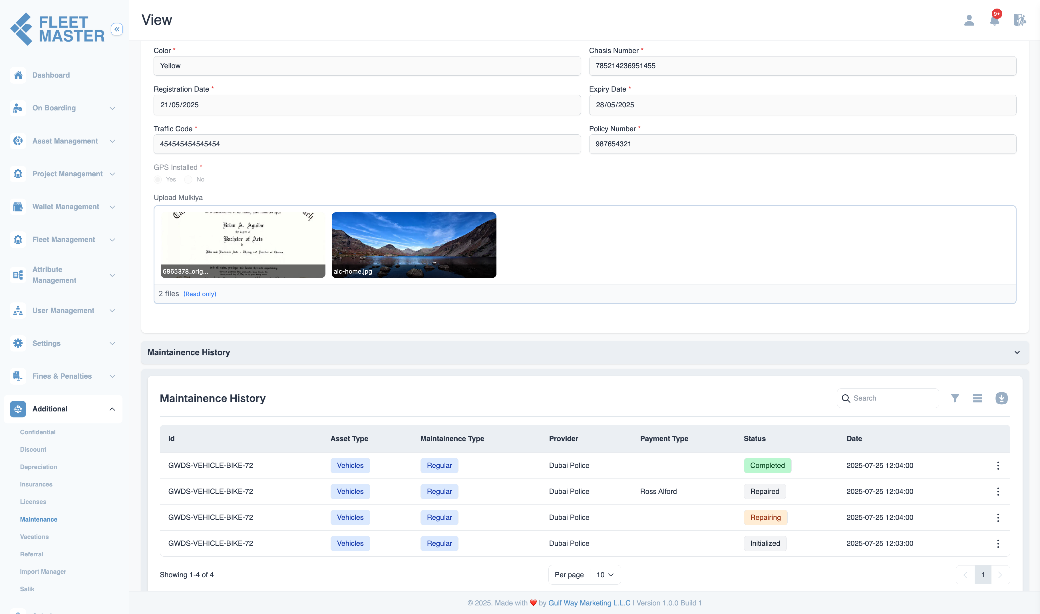 Maintenance History view 