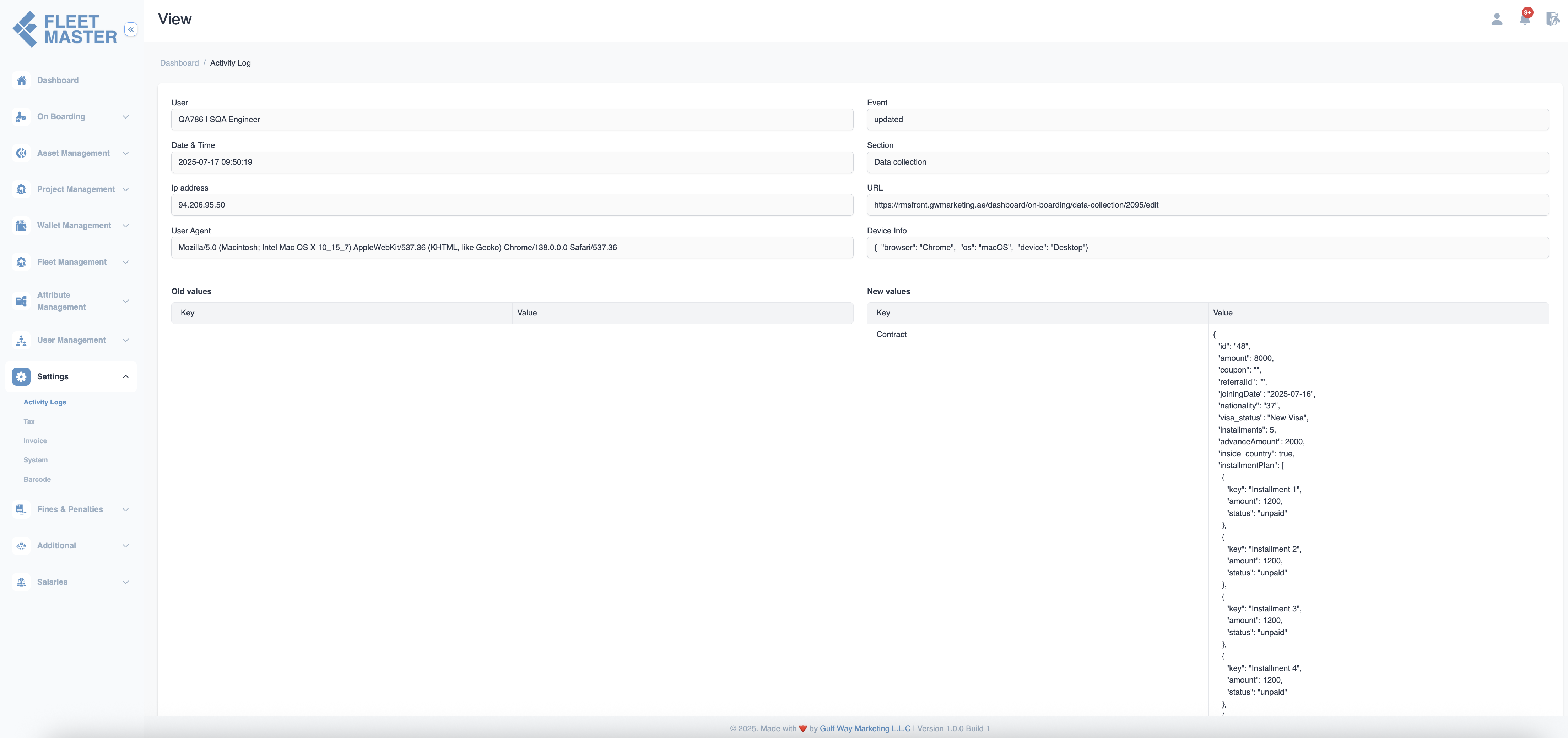 Activity Log Detail View